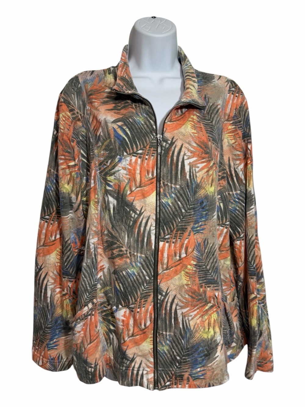 Tropical Palm Leaf Bird of Paradise Light Zip-Front Jacket Chicos Size 3 (XL)